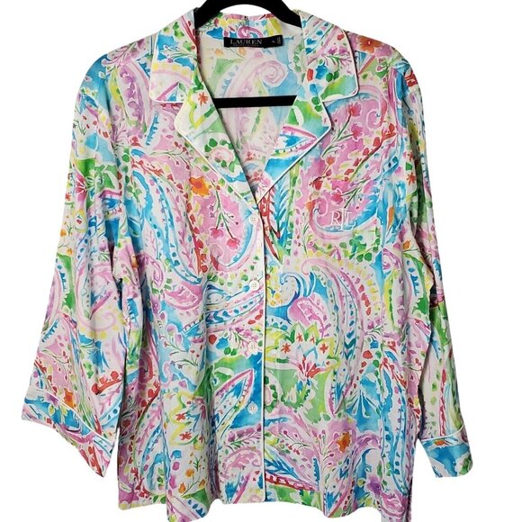 Lauren Ralph Lauren Sleep Shirt Women's‎ Size XL Paisley Long Sleeve Watercolor - Picture 2 of 13
